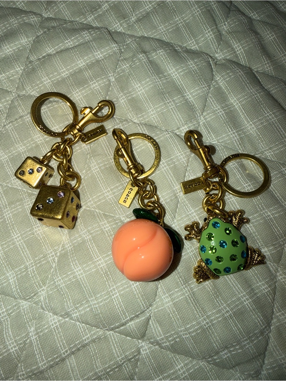 Coach Gold Hardware Keychain Trio with Peach, Green Frog & Dice